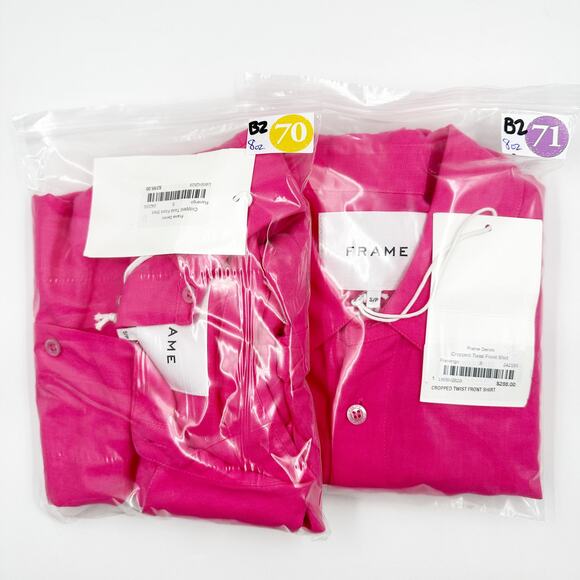 FRAME Denim Cropped Twist Front Shirt Linen Pink Flamingo LWSH2828-FLAM Small S - Picture 8 of 8